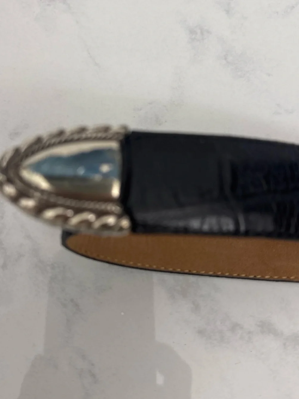 Brighton Black Croc-Embossed Leather Belt with Two-Tone Buckle